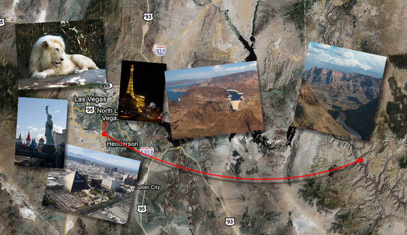 Map of Las Vegas, the Hoover Dam, and the Grand Canyon